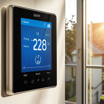 A modern home interior featuring a smart thermostat and smart plugs. The thermostat displays an energy-saving setting. Sunlight streams through a well-insulated window. The overall scene evokes energy efficiency and technological convenience. Style: Interior design photography.
