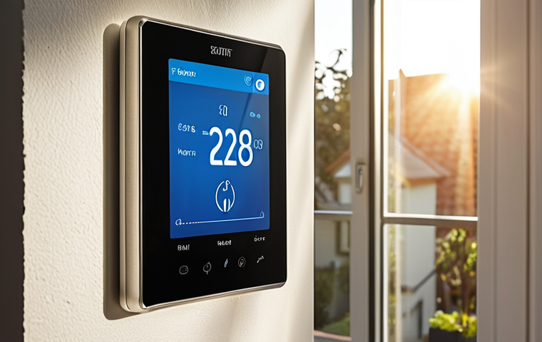 A modern home interior featuring a smart thermostat and smart plugs. The thermostat displays an energy-saving setting. Sunlight streams through a well-insulated window. The overall scene evokes energy efficiency and technological convenience. Style: Interior design photography.