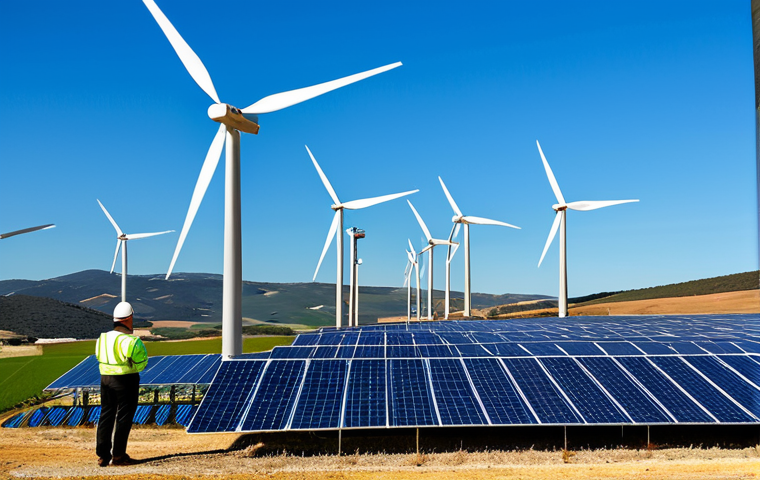 **

"A modern, sustainable hydrogen production plant in the Spanish countryside, featuring solar panels and wind turbines, fully clothed engineers in professional attire inspecting the equipment, clear blue sky, rolling hills in the background, safe for work, appropriate content, perfect anatomy, natural proportions, professional photography, high quality, bright and clean."

**