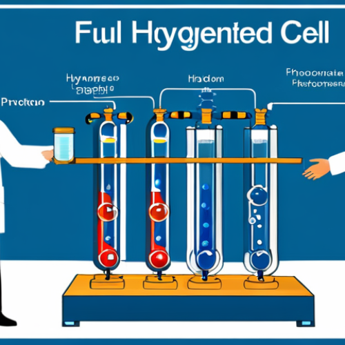 Home 8 Hydrogen Fuel Cell Technology Explanation**
"A diagrammatic representation of a hydrogen fuel cell, showcasing the process of hydrogen splitting into protons and electrons at the anode, their separate paths, and the combination with oxygen at the cathode to form water. fully clothed figures of scientists in lab coats point to different parts of the diagram. Educational setting, clean, professional illustration style, safe for work, appropriate content, fully clothed, professional."
**