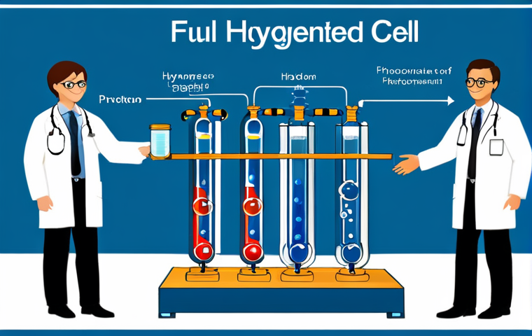 Hydrogen Fuel Cell Technology Explanation**

"A diagrammatic representation of a hydrogen fuel cell, showcasing the process of hydrogen splitting into protons and electrons at the anode, their separate paths, and the combination with oxygen at the cathode to form water. fully clothed figures of scientists in lab coats point to different parts of the diagram. Educational setting, clean, professional illustration style, safe for work, appropriate content, fully clothed, professional."

**