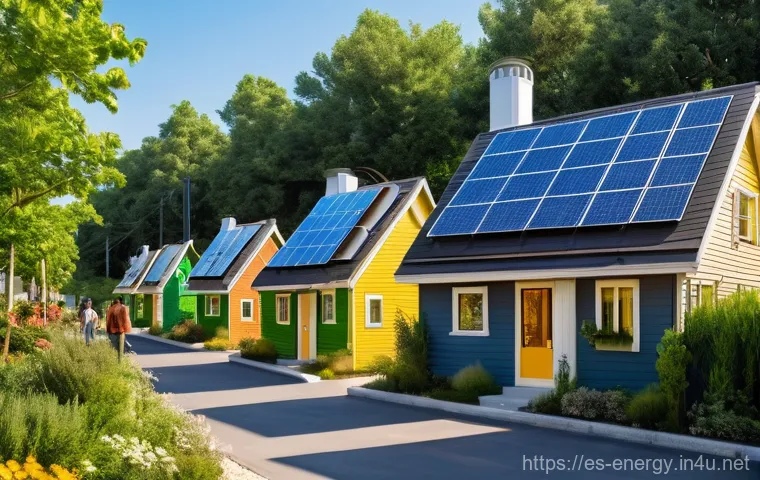 에너지 블록체인 응용 - **A Vibrant Decentralized Energy Community:**
Imagine a sunny, modern residential neighborhood b...
