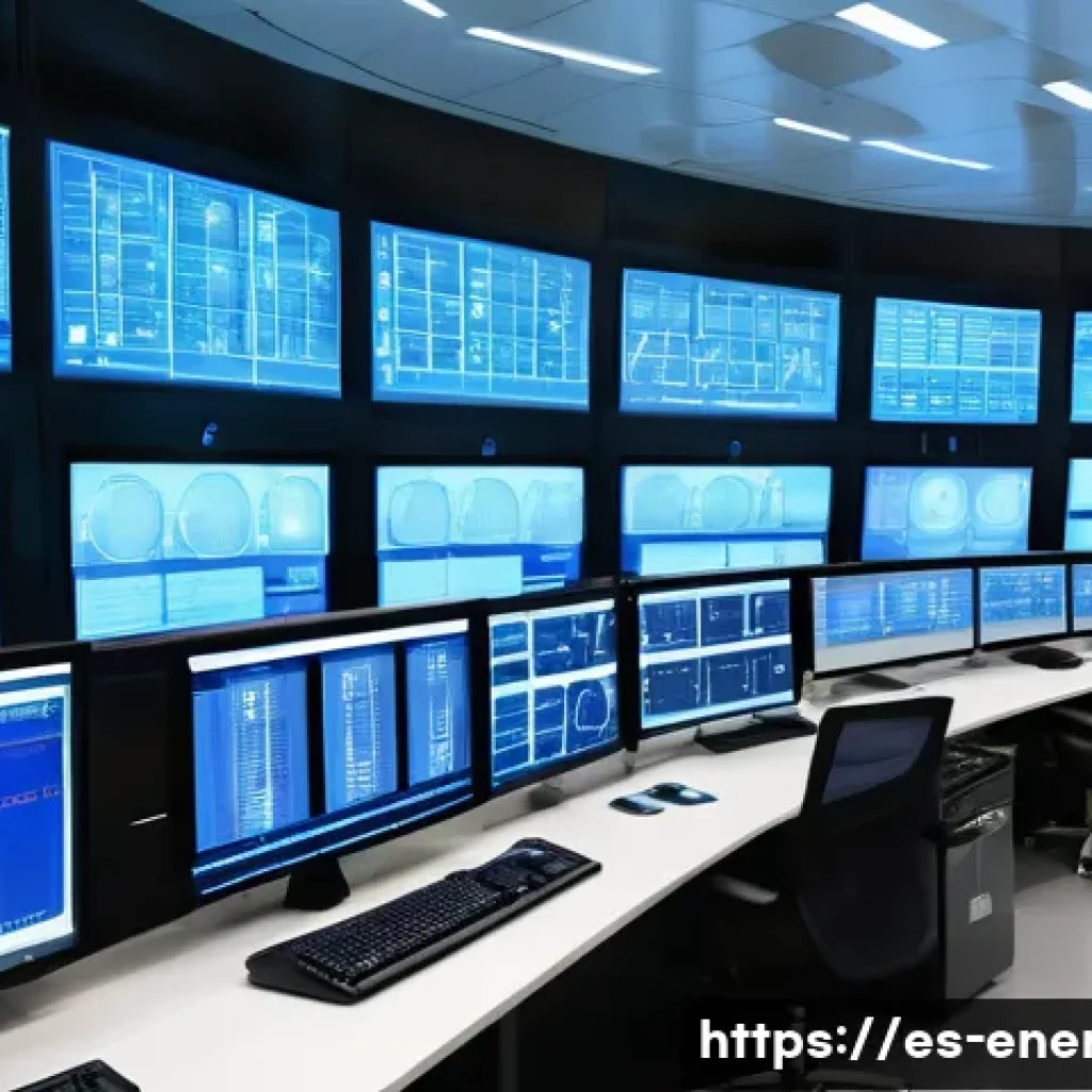 원자력 발전 안전성 - A high-tech nuclear power plant control room with multiple large digital screens displaying real-tim...