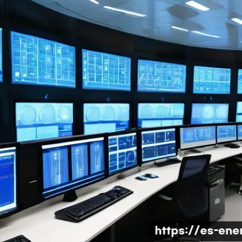 원자력 발전 안전성 - A high-tech nuclear power plant control room with multiple large digital screens displaying real-tim...
