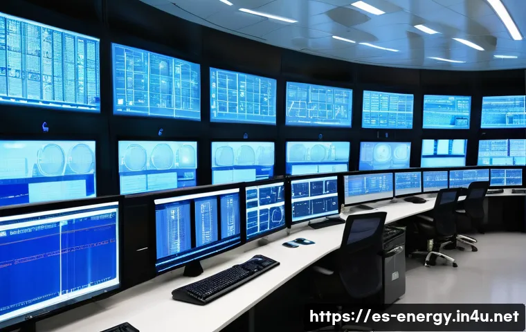 원자력 발전 안전성 - A high-tech nuclear power plant control room with multiple large digital screens displaying real-tim...
