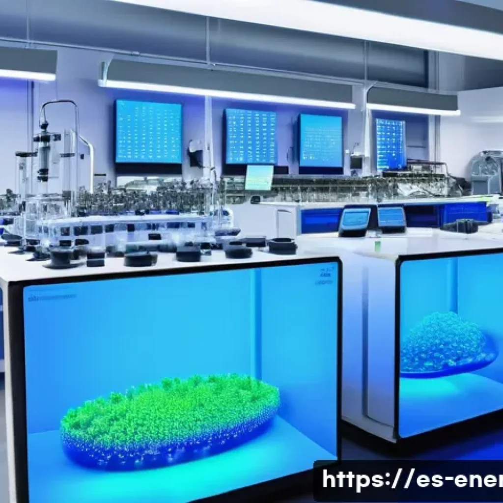 전기화학적 촉매 개발 - A high-tech laboratory scene showcasing advanced electrochemical catalysts research in Spain, featur...