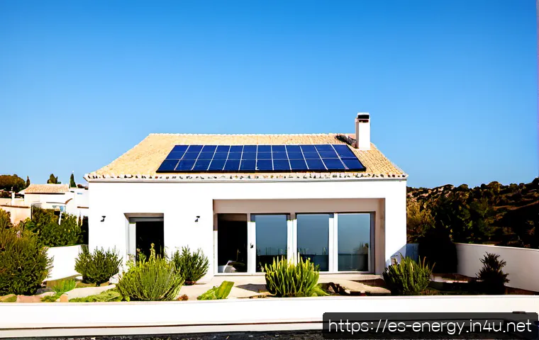 에너지 절약형 건축 기술 - Photorealistic wide-angle exterior of a modern energy-efficient home in a sunny Spanish Mediterranea...